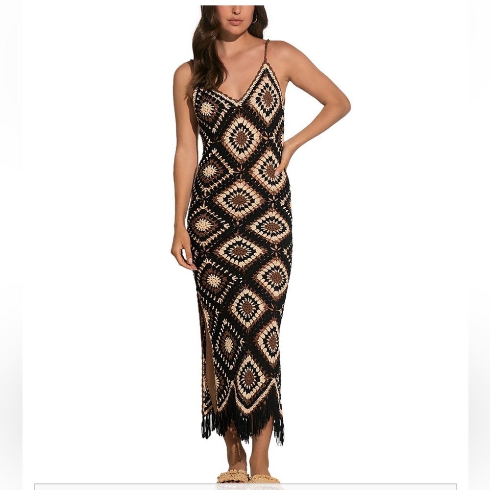 Elan Black and Cream Crochet Maxi Dress with Fringe